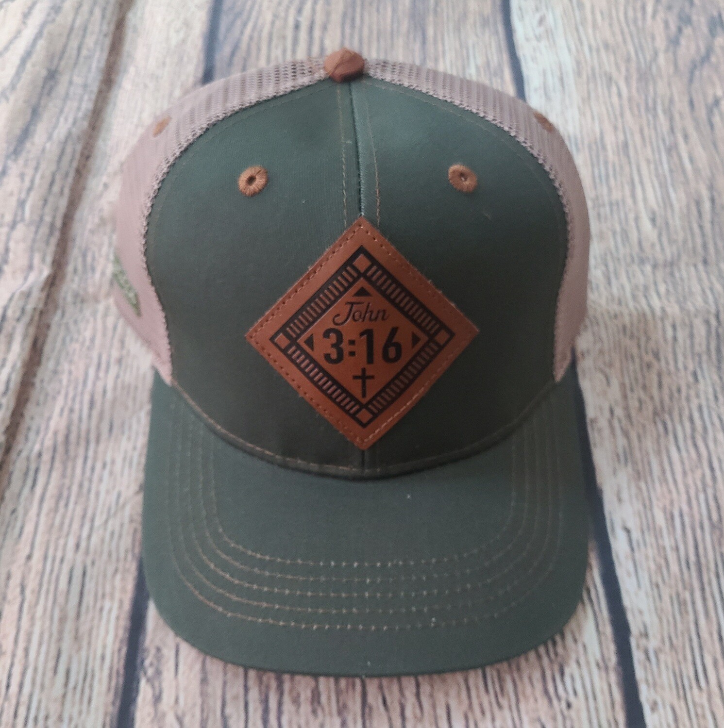 John 3:16 Military Green/Tan Leather Men&#39;s Cap