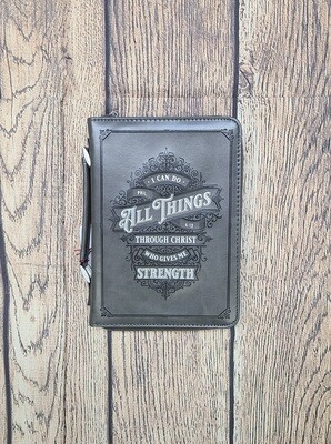 I Can Do All Things Through Christ Who Gives Me Strength Medium Gray Faux Leather Bible Cover