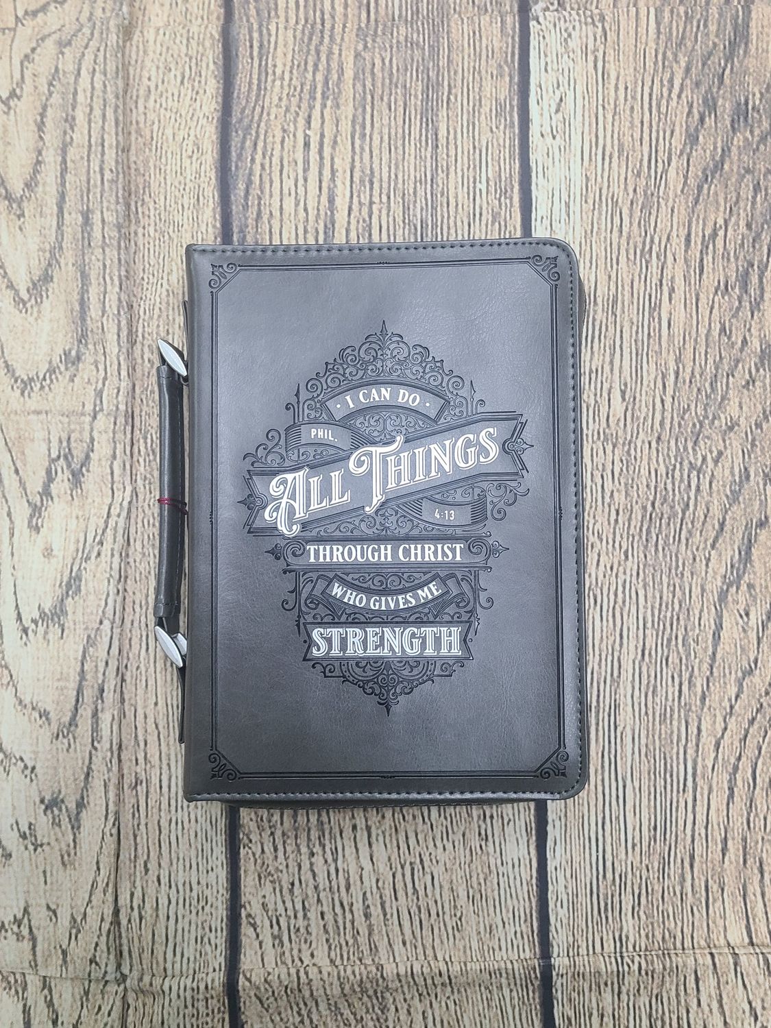 I Can Do All Things Gray Faux Leather Bible Cover - Large