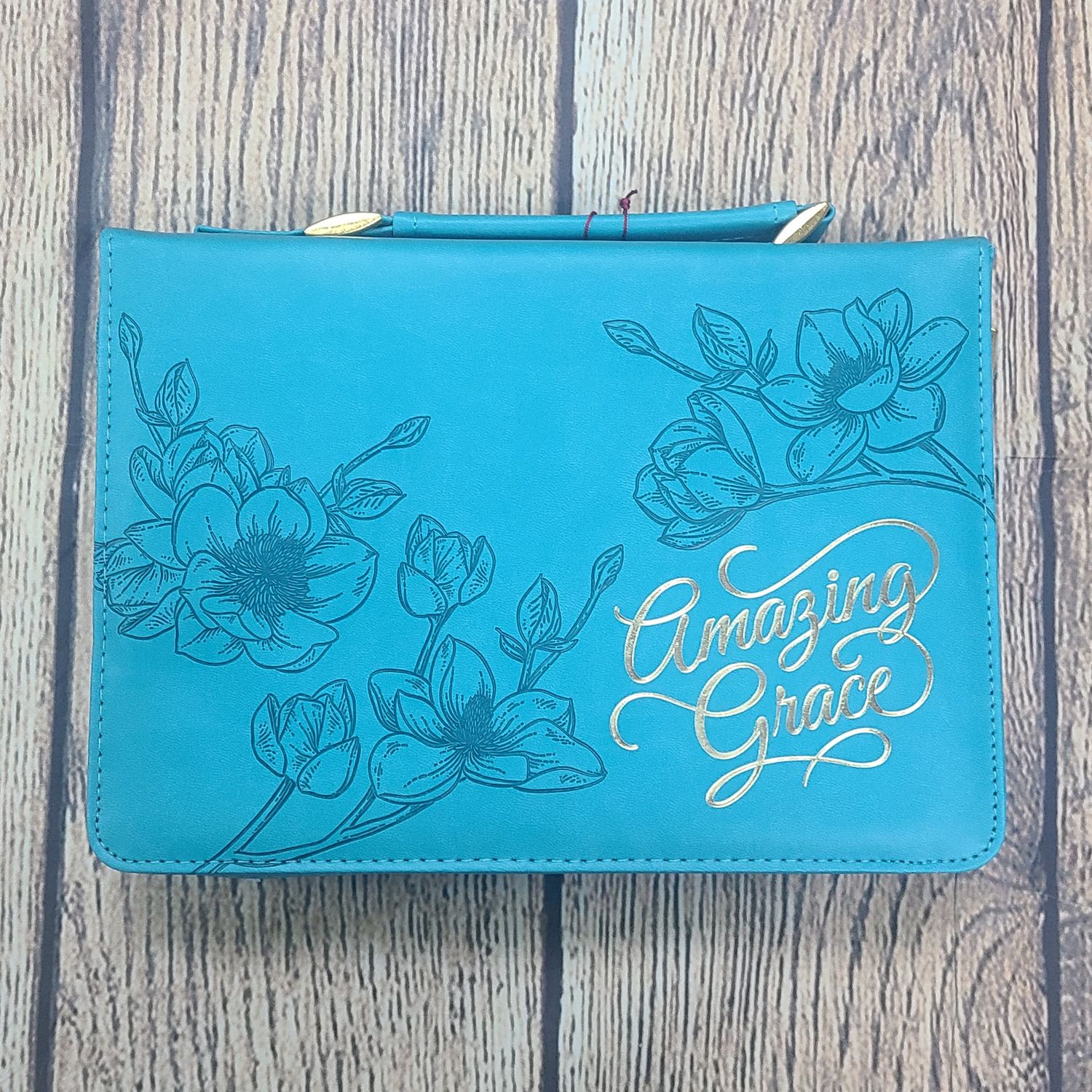 Amazing Grace Teal Floral Faux Leather Large Bible Cover
