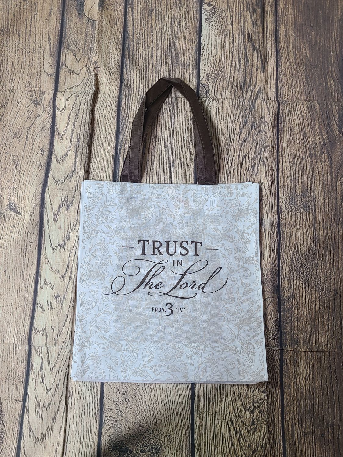 Trust in the Lord Brown and White Tote Bag