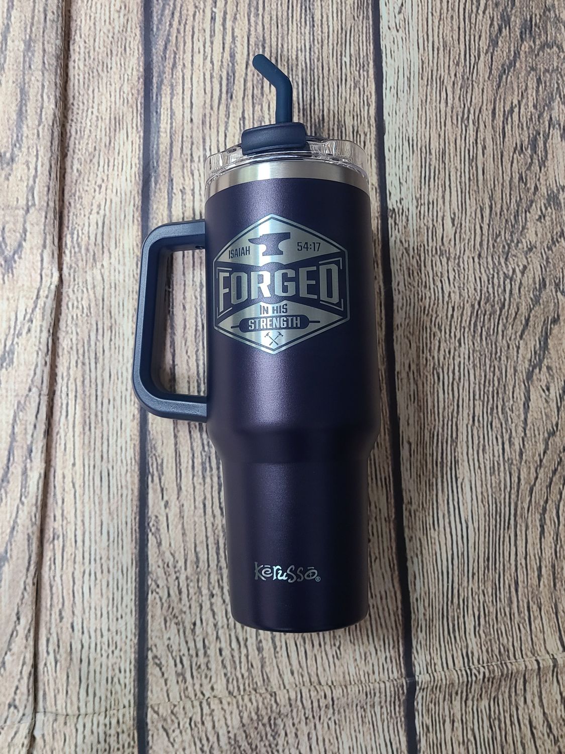 Forged in His Strength Navy Stainless Steel Mug with Straw