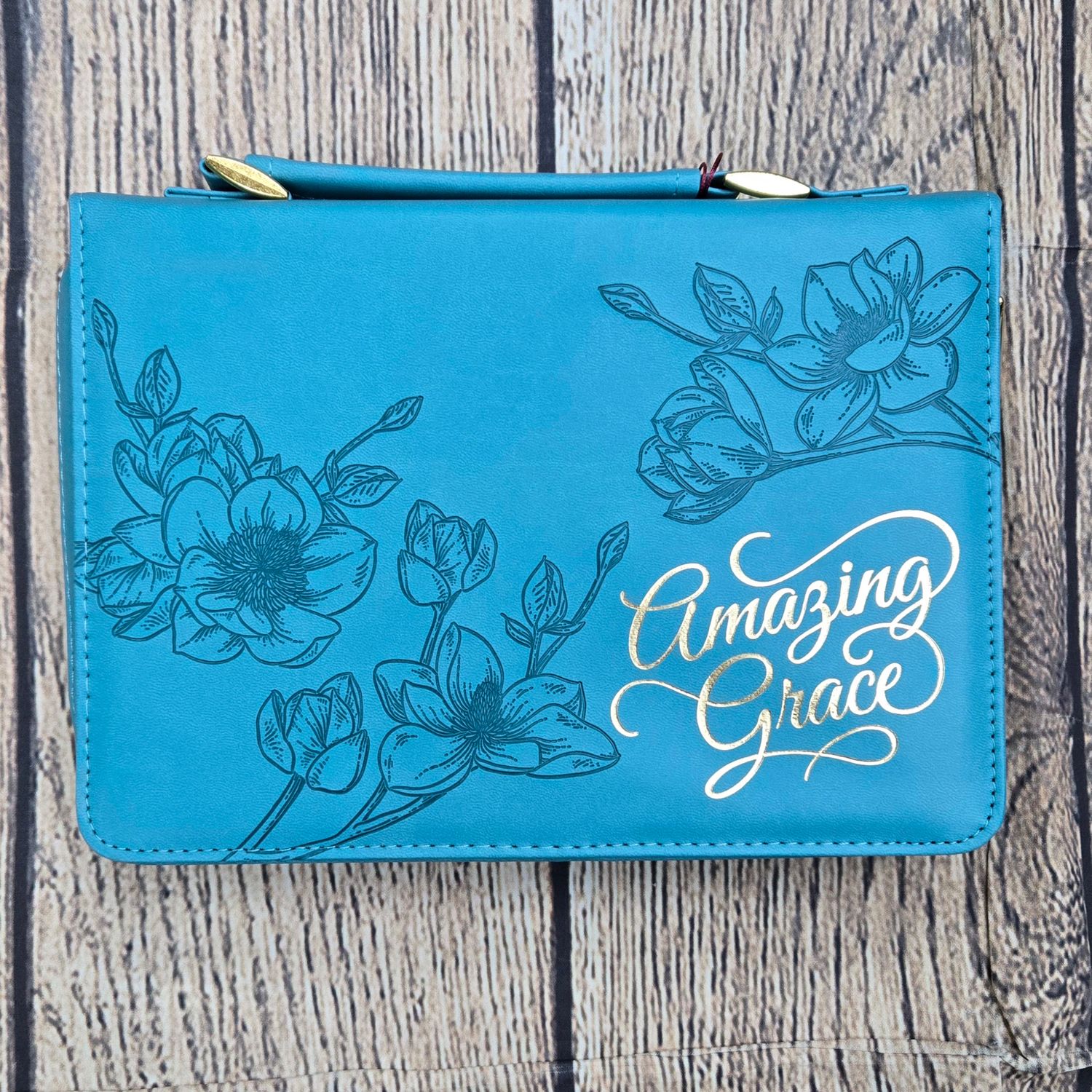 Amazing Grace Teal Floral Faux Leather Medium Bible Cover