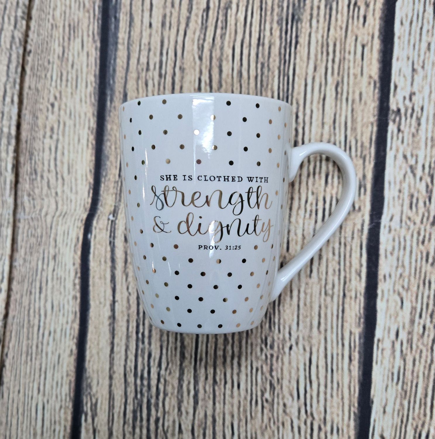 Strength and Dignity White and Gold Polka Dotted Ceramic Coffee Mug