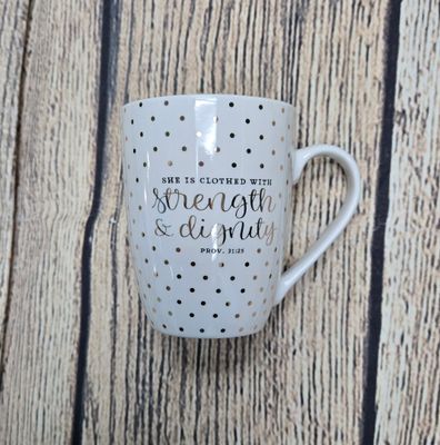 Strength and Dignity White and Gold Polka Dotted Ceramic Coffee Mug