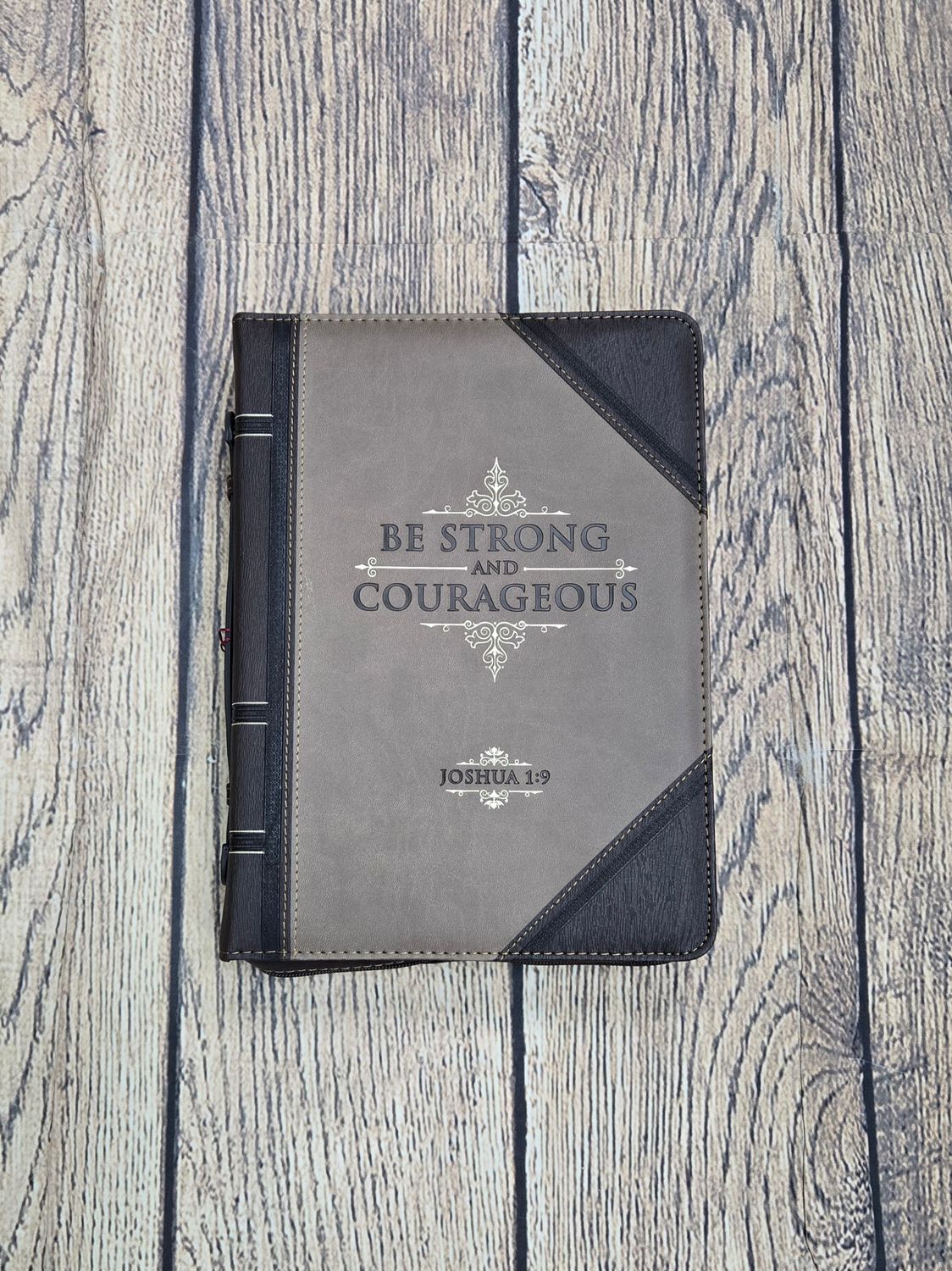 Be Strong and Courageous Two-Tone Walnut-Brown and Tan Faux Leather X-Large Bible Cover