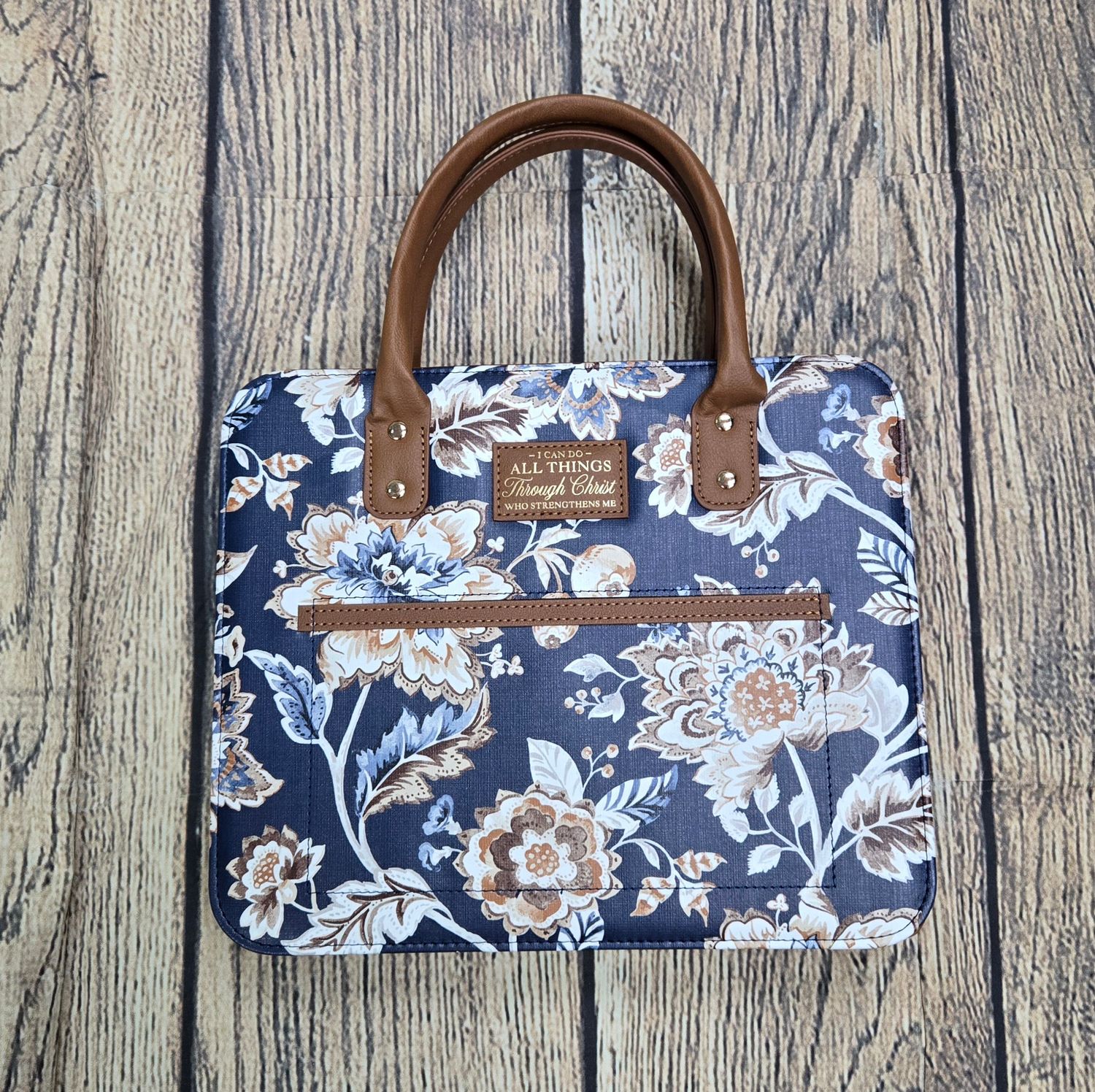 I Can Do All Things Purse Style Toffee Brown Faux Leather and Navy Flower Large Bible Cover