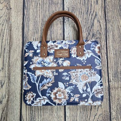 I Can Do All Things Purse Style Toffee Brown Faux Leather and Navy Flower Large Bible Cover