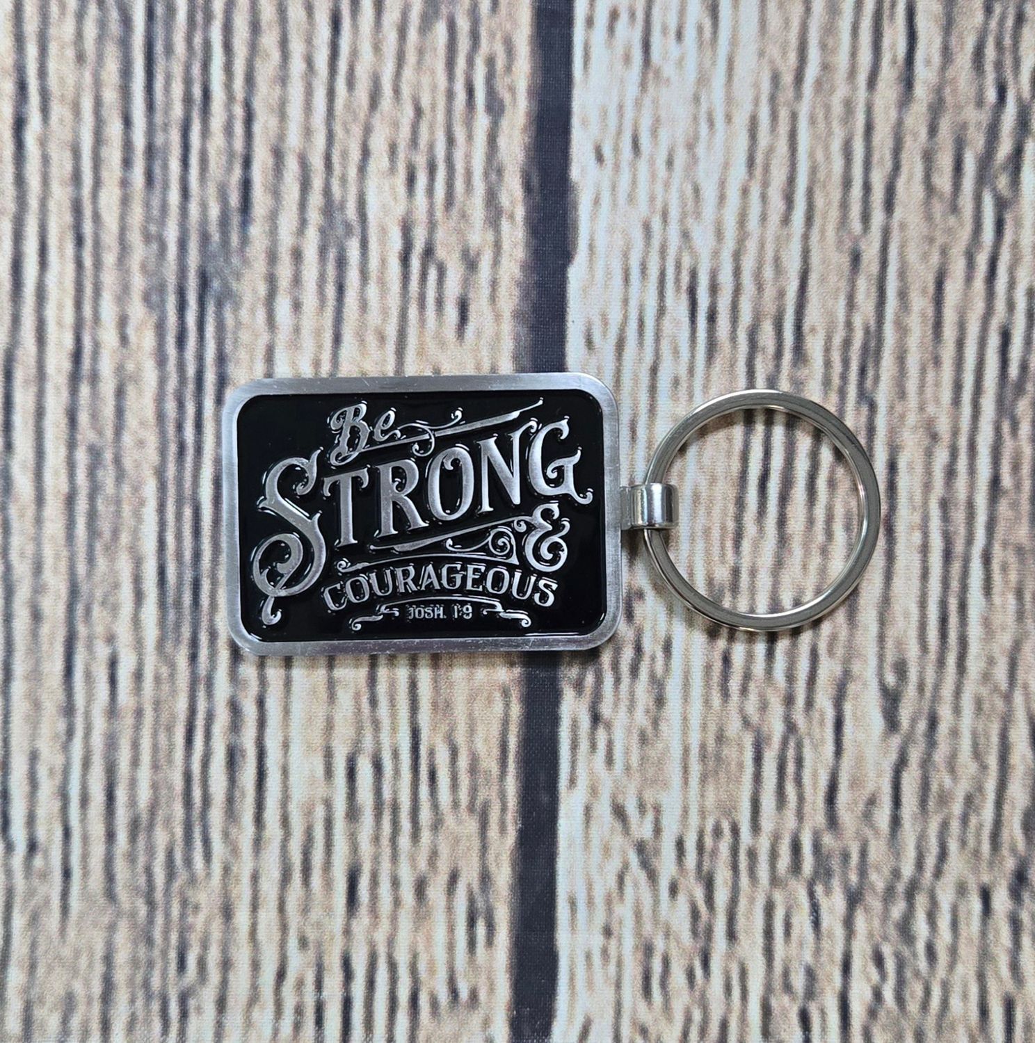 Be Strong and Courageous Black Metal Key Ring with Gift Tin