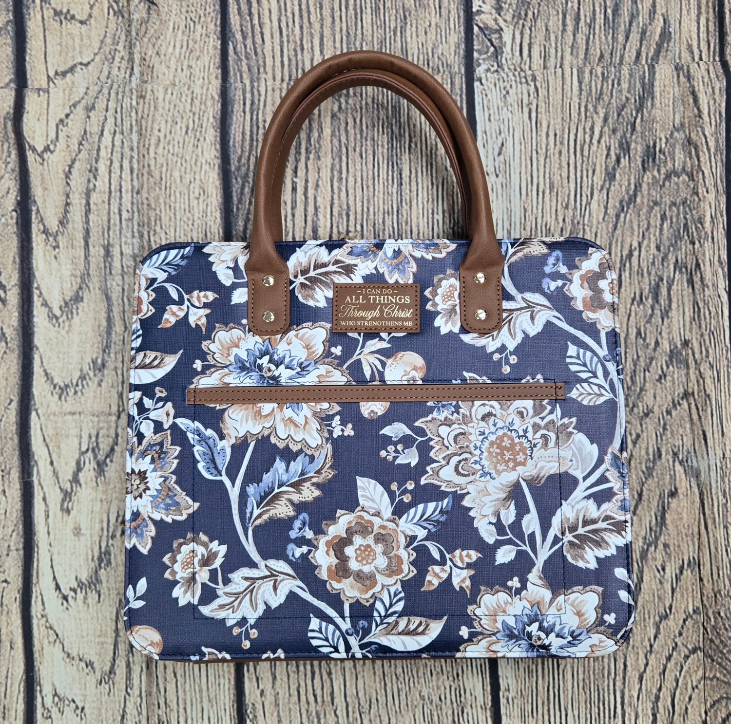 I Can Do All Things Purse Style Toffee-Brown and Navy Floral Faux Leather X-Large Bible Cover