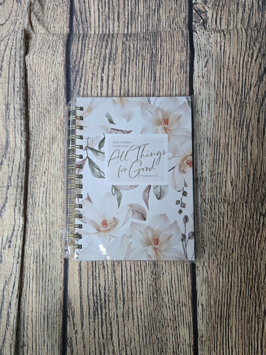 God Works Together All Things for Good White Floral Wirebound Journal