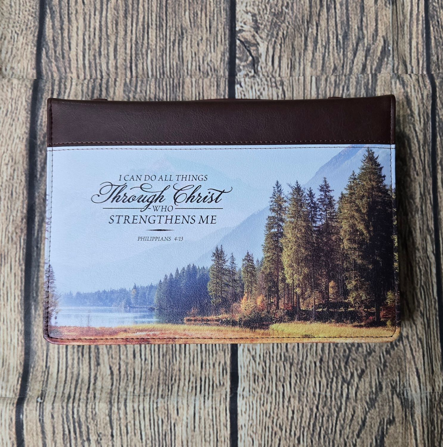 I Can Do All Things Through Christ Brown Scenery Medium Faux Leather Bible Cover