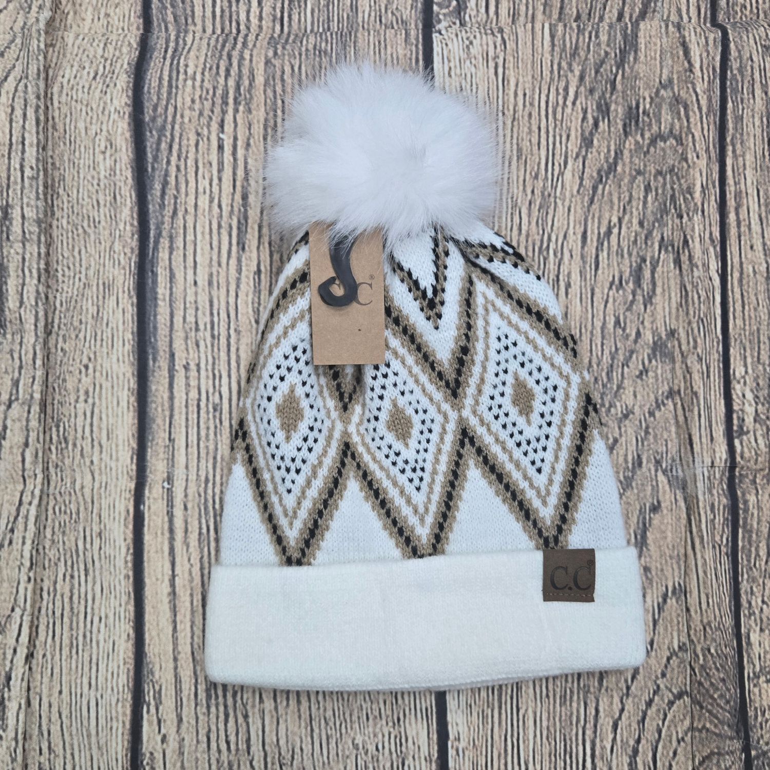Diamond Geometric Pattern Faux Fur Pom C.C. Beanie - Ivory Color