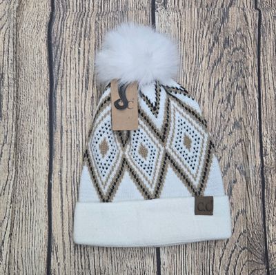 Diamond Geometric Pattern Faux Fur Pom C.C. Beanie - Ivory Color