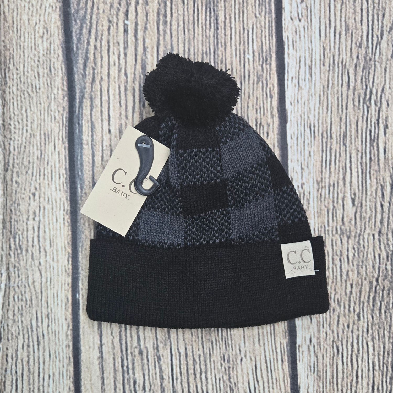 Baby Buffalo Plaid Pom C.C. Beanie - Black/Dark Grey Color