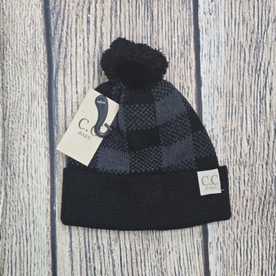 Baby Buffalo Plaid Pom C.C. Beanie - Black/Dark Grey Color