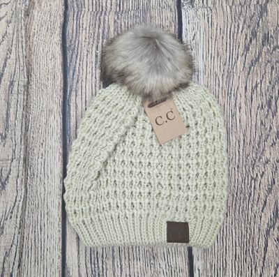 Solid Waffle Stitch Fur Pom C.C. Beanie - Lemonade Color