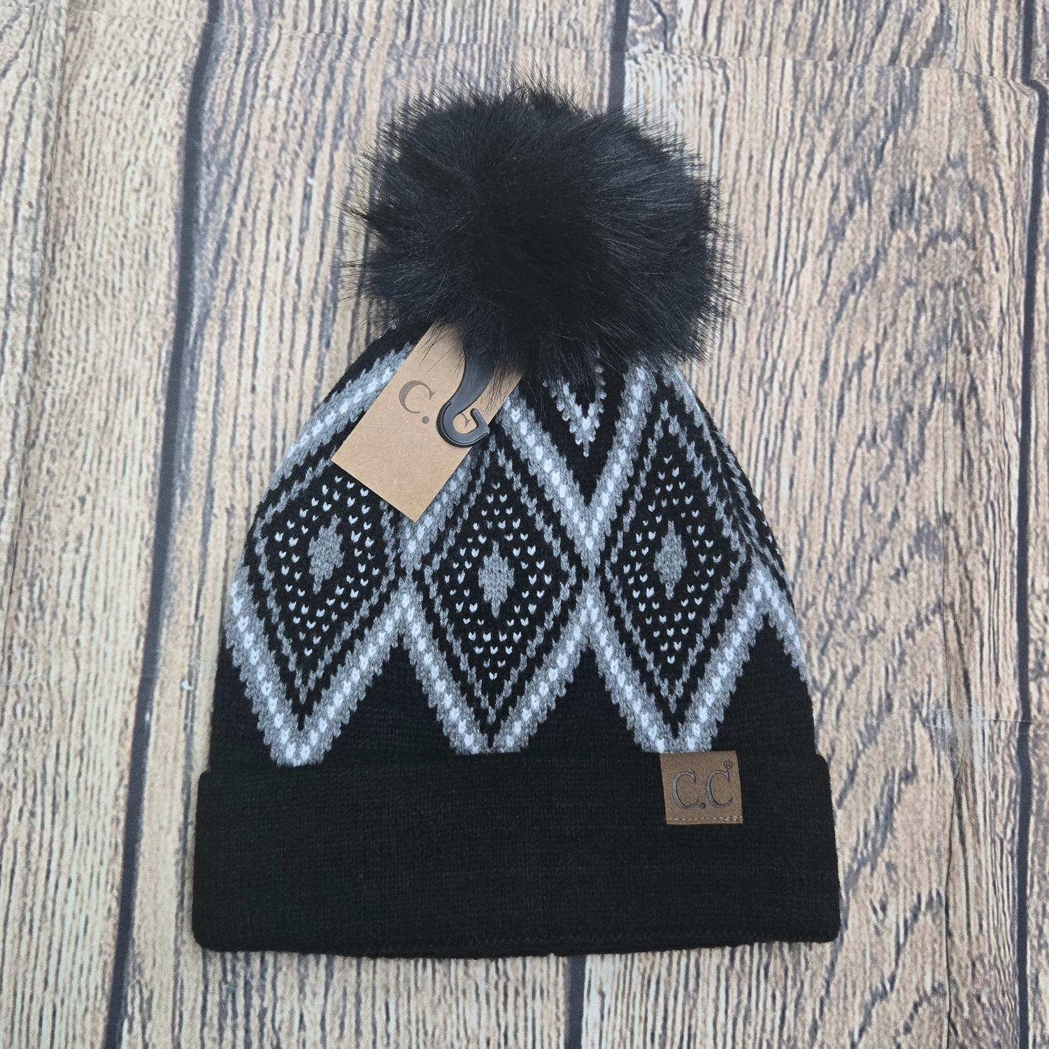 Diamond Geometric Pattern Faux Fur Pom C.C. Beanie - Black Color