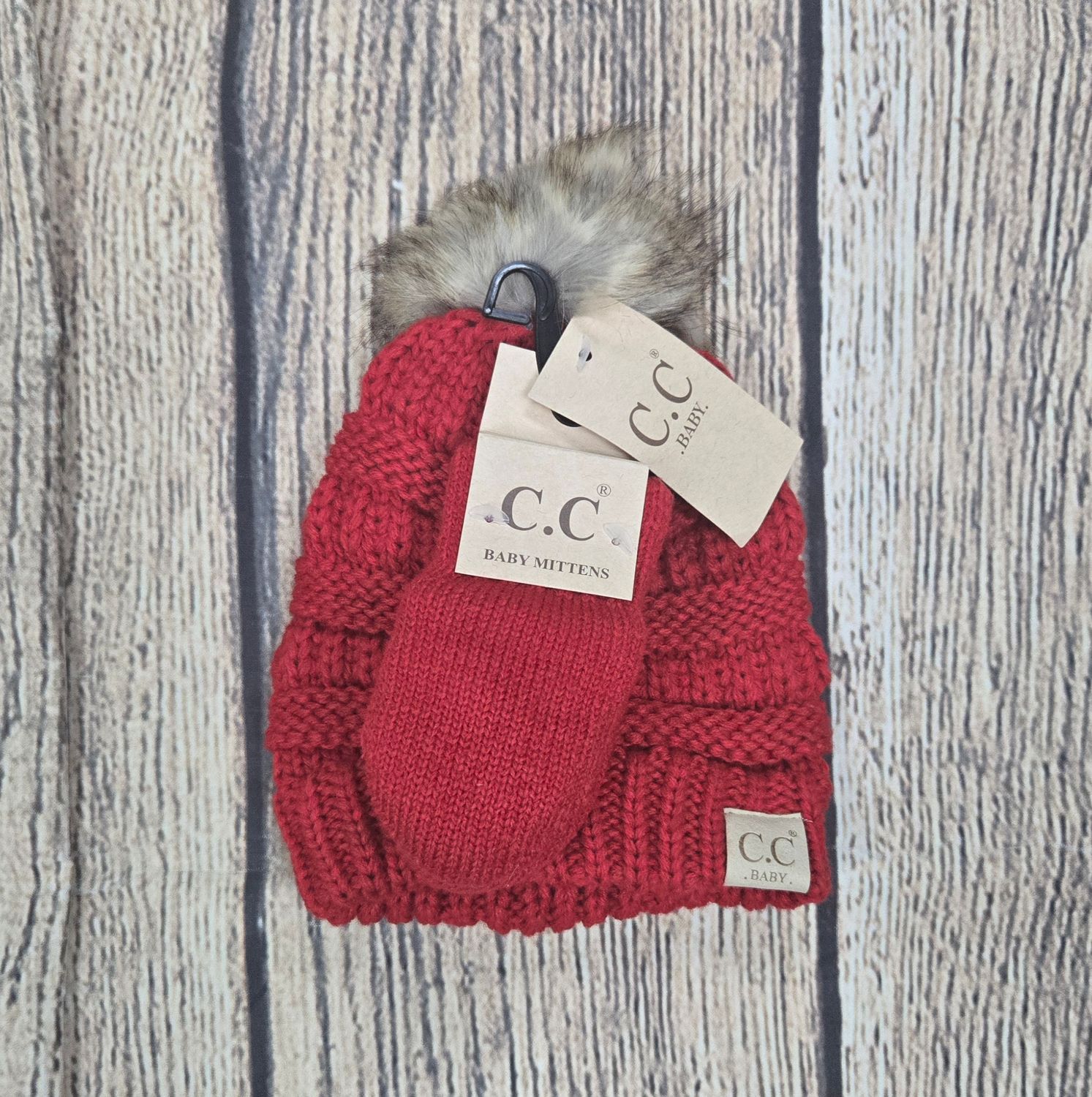 Baby Solid Knit Faux Fur Pom C.C. Beanie with Mittens Set - Red (Bright) Color