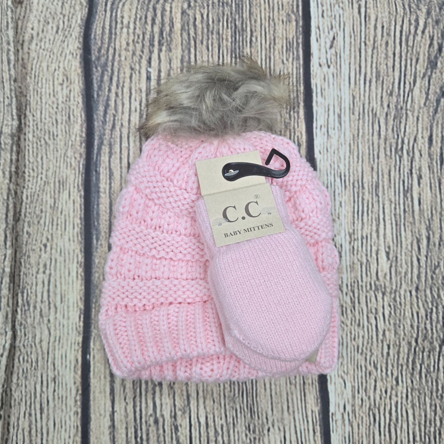 Baby Solid Knit Faux Fur Pom C.C. Beanie with Mittens Set - Pale Pink Color