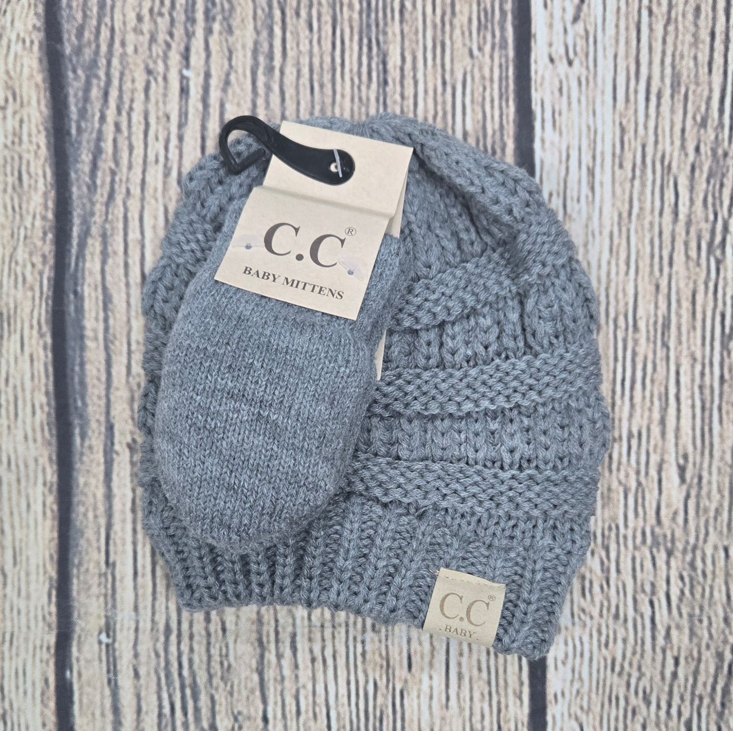 C.C. Baby Solid Beanie with Mittens - Lt. Grey Color
