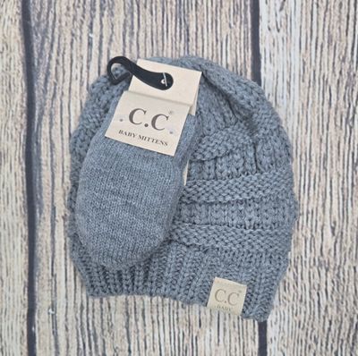 C.C. Baby Solid Beanie with Mittens - Lt. Grey Color