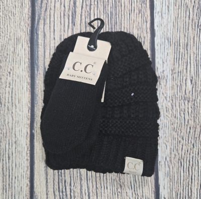 C.C. Baby Solid Beanie with Mittens - Black Color