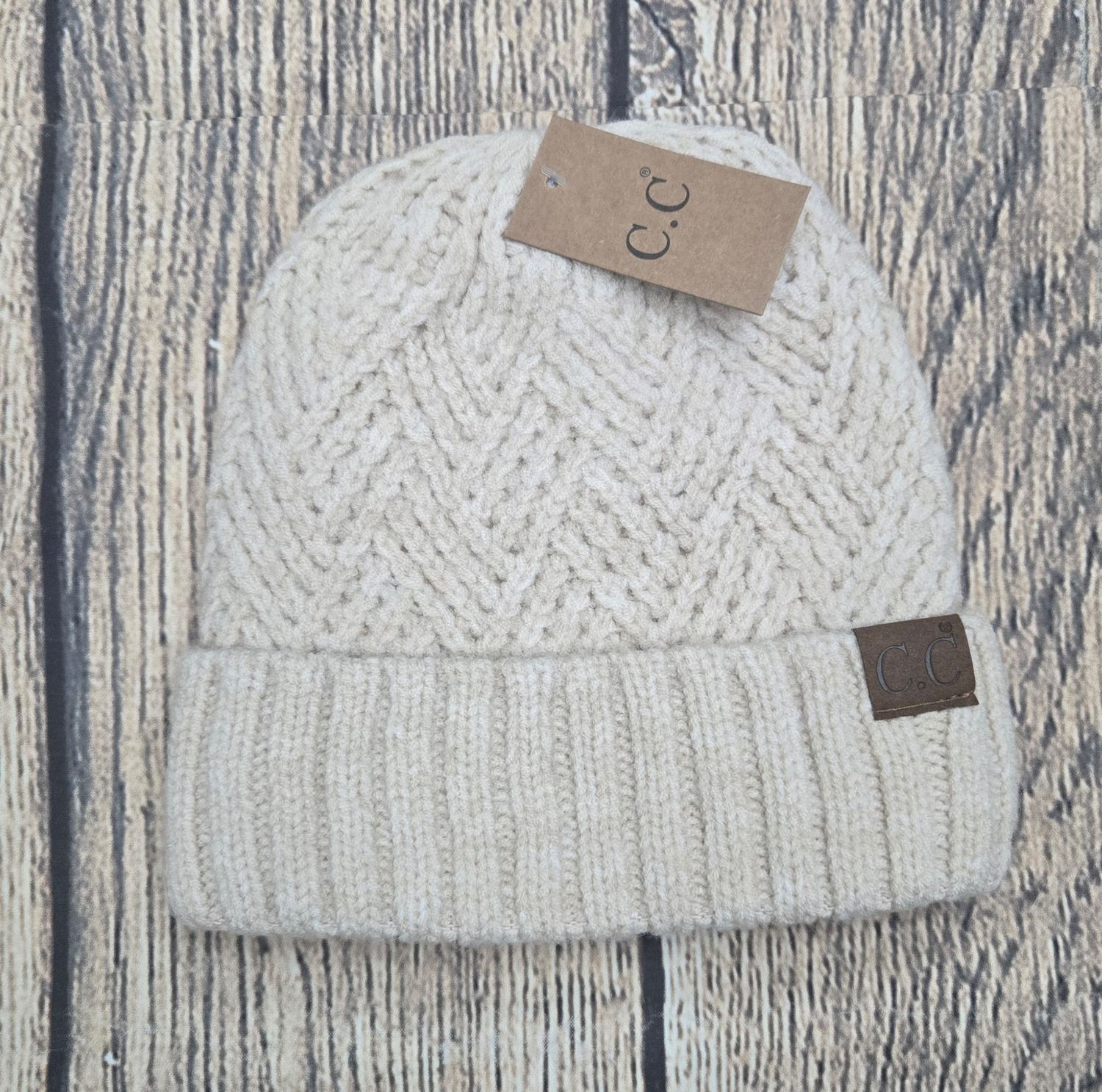 Fuzzy Lined Crisscross Knit C.C. Beanie - Beige Color