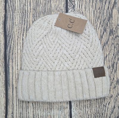 Fuzzy Lined Crisscross Knit C.C. Beanie - Beige Color