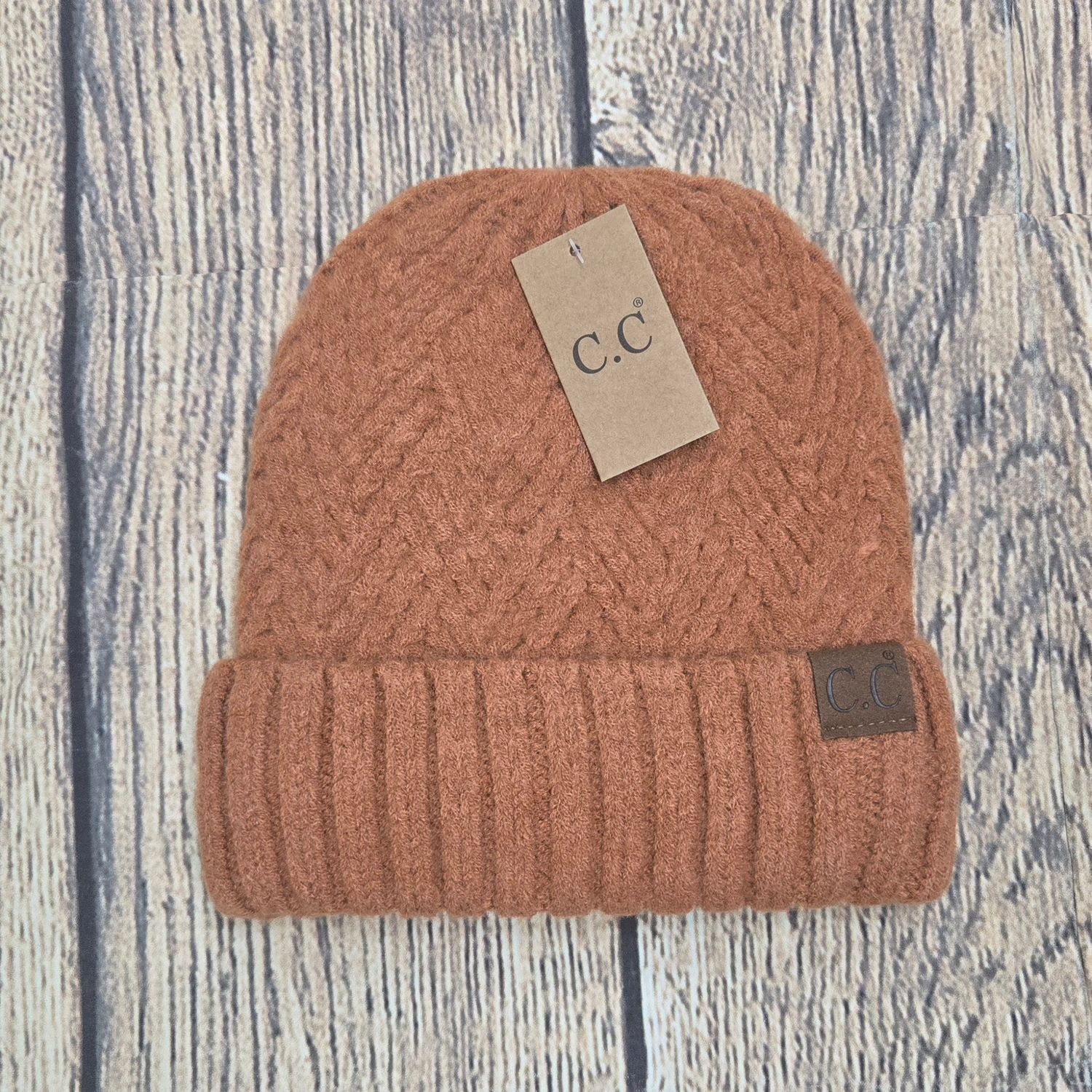 Fuzzy Lined Crisscross Knit C.C. Beanie - Rust Color