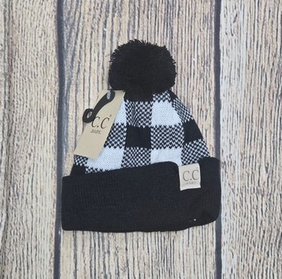 Baby Buffalo Plaid Pom C.C. Beanie - Black/White Color