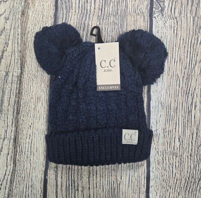 Kids Solid Double Pom C.C. Beanie - Navy Color