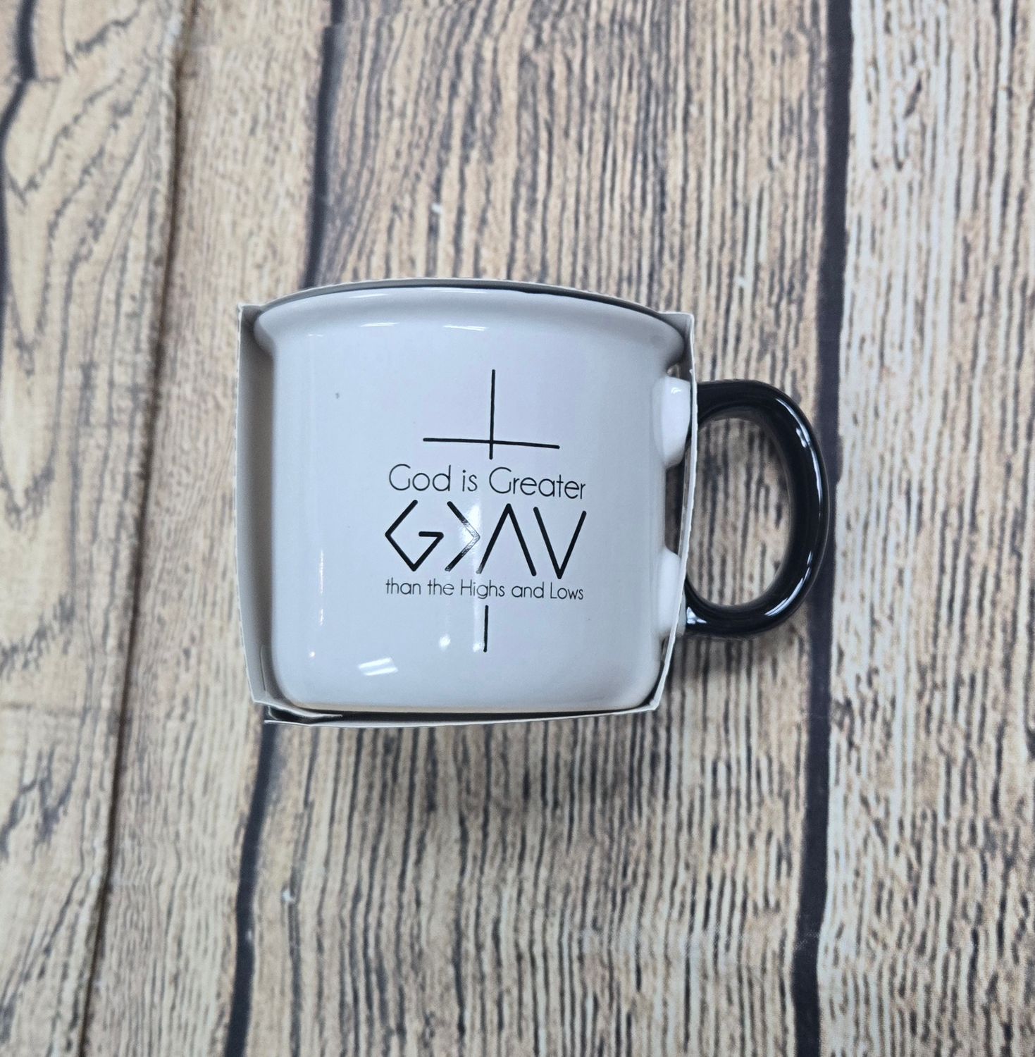God is Greater than our Highs and Lows 13 oz Black and White Mug
