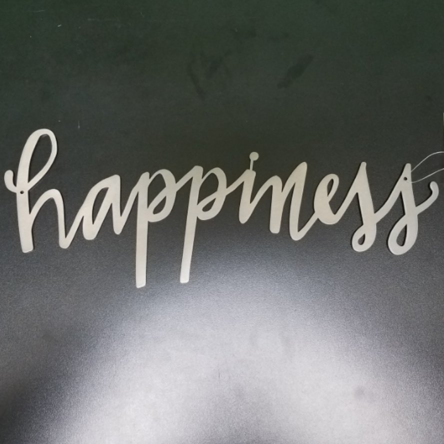 Precision cut "happiness" hand lettered sentiment in brushed metal. Primitives by Kathy