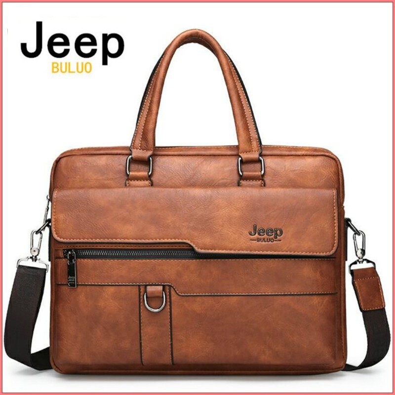 JEEP BULUO Men Business Briefcase High Quality Office 14 Inch Laptop & Macbook Bag Waterproof Split Leather