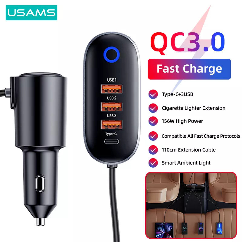 USAMS US-CC161 Official 156W 4 USB Ports Extension Fast Car Charger With Car Power Port Extender