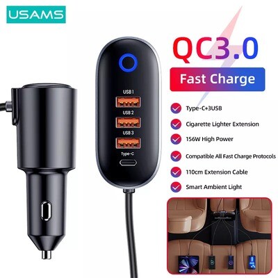 USAMS US-CC161 Official 156W 4 USB Ports Extension Fast Car Charger With Car Power Port Extender
