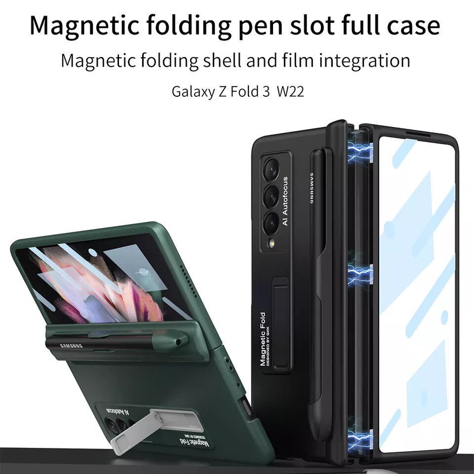 Samsung Galaxy Z Fold 3 GKK Business Style Multifunctional Magnetic Hinge Protection 360 Degree Case with Built-in Screen Protector, Stylus Pen Slot and Magnetic Kickstand Function