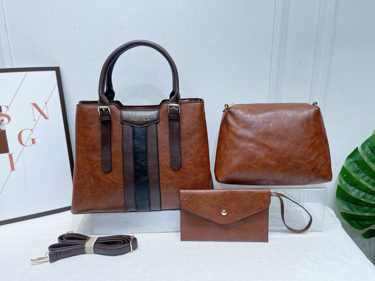 3 in 1 Mandy Collection SAMSUSEN Tripple Strip Design Large Capacity Modern Design Leather Women Shoulder Bag