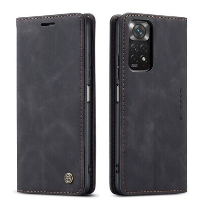 CASEME Series for Xiaomi Redmi Note 11 4G/Note 11S 4G PU Leather Stand Flip Wallet Case Auto-absorbed Magnetic Phone Cover - Black with 3D Screen Protector Glass