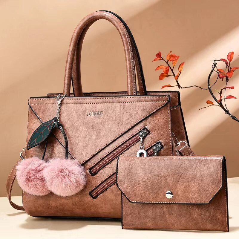 Taihong Modern Design Fashion 2023 Dual Pompon Classic Design 2 in 1 Purse and Crossbody Satchel Shoulder Bag