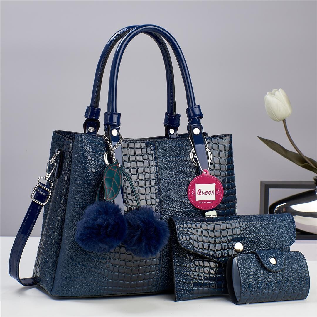 Hot Trendy 3 Piece Queen Fashion Crocodile Grain Classic Design Purse, Wallet and Crossbody Satchel Shoulder Bag