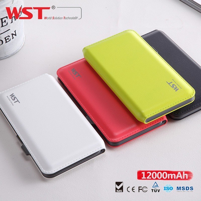 WST 12000mAh Power bank with build in cable ultra thin bateria portatil Li-Polymer power bank flash light portable charger battery pack