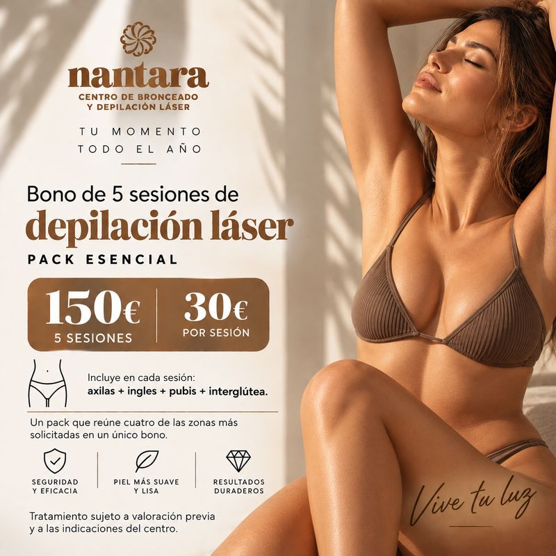 Bono 5 sesiones · Axilas + ingles + pubis + interglútea