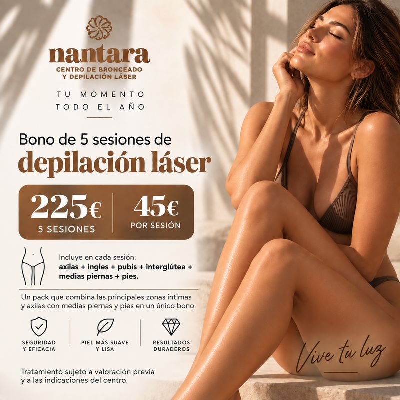Bono 5 sesiones · Axilas + ingles + pubis + interglútea + medias piernas + pies