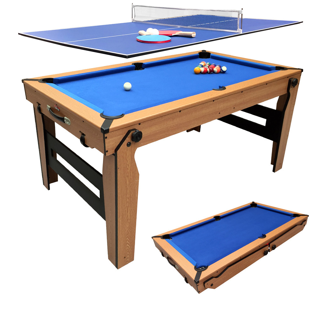 BCE Folding 2 in 1 Pool Table - Blue Cloth/ Oak Finish 5ft with Table  Tennis Top - folds flat