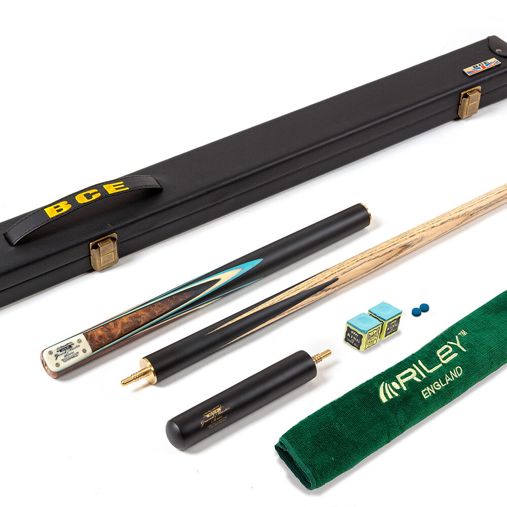 BCE 3 Piece Grand Master Snooker Cue and Hard Case 3/4 Cut- Sapele Mahogany Butt - 9.5mm Tip - 145cm - Black/ Blue/ Natural