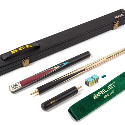 BCE 3 Piece Grand Master Snooker Cue and Hard Case 3/4 Cut- Sapele Mahogany Butt - 9.5mm Tip - 145cm - Black/Natural/ Blue