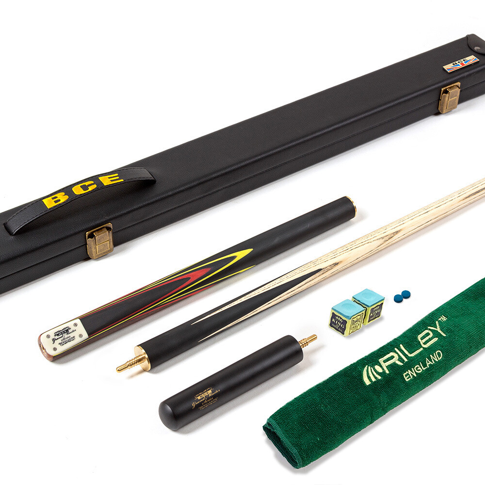 BCE 3 Piece Grand Master Snooker Cue and Hard Case 3/4 Cut- Sapele Mahogany Butt - 9.5mm Tip - 145cm - Black/Red/ Yellow