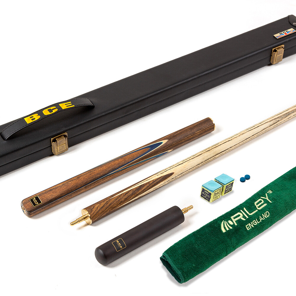 BCE 3 Piece Snooker Cue 3/4 Cut- Exotic Wood Butt with 9.5mm Tip - 145cm - Blue/ Natural Wood